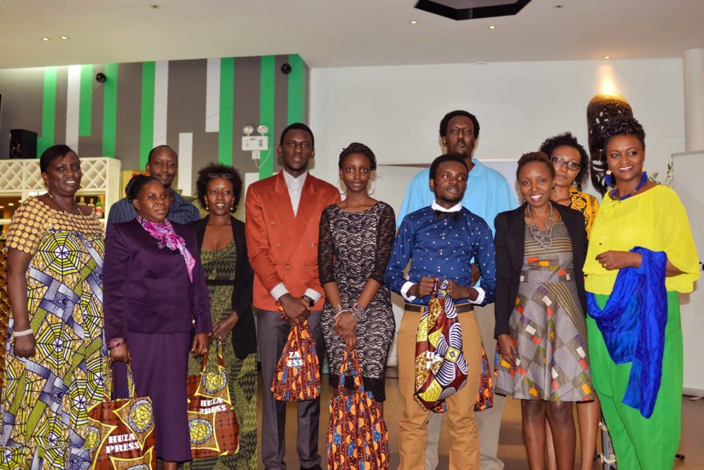 Huza Press Founder and Director Louise Umutoni posing with most of the 10 finalist for the Huza Press Short Story Competition 2015.